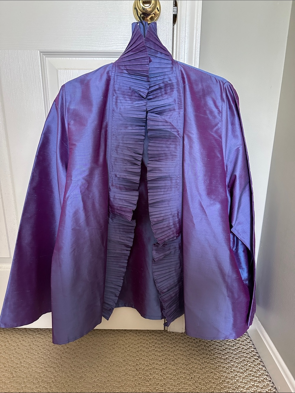 Purple 100% Silk Ruffled Open Front Jacket